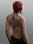  1girl arcane:_league_of_legends arm_tattoo artist_name back_tattoo belt black_belt brown_pants cheesewoo from_behind gradient gradient_background grey_background highres league_of_legends pants red_hair shiny shiny_hair short_hair solo tattoo topless vi_(league_of_legends) 