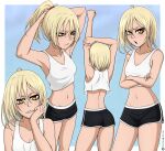  1girl absurdres armpits black_shorts bleach blonde_hair blue_background blush border breasts cleavage collarbone fang freckles grin highres looking_at_viewer midriff mistowing multiple_views navel open_mouth sarugaki_hiyori shiny shiny_hair shiny_skin short_hair shorts simple_background small_breasts smile tank_top tomboy white_border white_tank_top yellow_eyes 