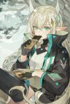  1girl blonde_hair blush candy chocolate chocolate_bar eating elf food gloves green_eyes hair_ornament hairclip jacket kuzuvine long_hair long_sleeves looking_at_viewer lord_of_heroes olivia_pavlichenko open_mouth pale_skin pointy_ears 