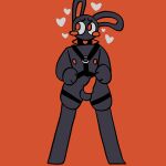  anthro blush collar digitigrade eikoi embarrassed erection flushed full-length_portrait hands_on_hips harness hi_res knot lagomorph leporid looking_away male male/male mammal portrait rabbit solo solo_focus standing 