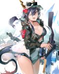  1girl ;d absurdres arknights baseball_cap bikini bikini_under_clothes black_bikini black_jacket blue_hair breasts ch&#039;en_(arknights) ch&#039;en_the_holungday_(arknights) cleavage cowboy_shot dragon_girl dragon_horns dragon_tail earpiece eyewear_on_headwear flower front-tie_bikini front-tie_top gun hair_between_eyes hair_flower hair_ornament hat highres holding holding_gun holding_weapon hood hood_down hooded_jacket horns horns_through_headwear jacket jumbowhopper large_breasts looking_at_viewer official_alternate_costume one_eye_closed open_clothes open_jacket red_eyes red_flower sketch smile solo sunglasses swimsuit tail thighs twintails water_gun weapon white_headwear 