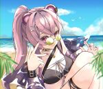  1girl absurdres animal_ears arknights beach bird black_choker blue_sky breasts choker cloud hair_between_eyes hair_ornament hairclip highres jacket jewelry knees_up lin_yuhsia_(arknights) long_sleeves mouse_ears necklace off_shoulder official_alternate_costume outdoors pink_eyes pink_hair ponytail purple_jacket sand see-through sitting sky small_breasts solo star_(symbol) star_hair_ornament sunglasses thigh_strap tinted_eyewear underboob w water yuki_(nanao_yuki) 