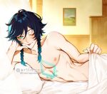  1boy androgynous bard bare_shoulders blue_eyes blue_hair braid chest_tattoo english_commentary eriimyon genshin_impact gradient_hair highres indoors looking_at_viewer male_focus multicolored_hair pillow solo tattoo topless under_covers venti_(genshin_impact) 