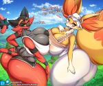 2022 absurd_res anthro areola big_breasts blush breast_squish breasts breasts_frottage butt clothed clothing cloud dialogue digital_media_(artwork) duo english_text eyebrows eyelashes female female/female fennekin fingers hat headgear headwear hi_res huge_breasts incineroar kyodashiro nintendo nipples pok&eacute;mon pok&eacute;mon_(species) squish text url video_games 