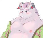  anthro asian_clothing behemoth_(housamo) belly blush clothing dragon_night800 east_asian_clothing eyebrows fur horn japanese_clothing kimono lifewonders male monster nipples overweight pecs purple_body purple_fur solo thick_eyebrows tokyo_afterschool_summoners undressing video_games white_body white_fur 