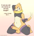  2022 2_tails anthro armwear balls belly blush buizel clothed clothing dabelette dialogue dipstick_tail english_text erection foreskin front_view fur furgonomics genitals glans hand_behind_head hi_res humanoid_genitalia humanoid_penis kneeling legwear looking_away male markings multi_tail multicolored_body multicolored_fur navel nintendo open_mouth orange_body orange_fur partially_clothed penis piercing pok&eacute;mon pok&eacute;mon_(species) simple_background solo tail_clothing tail_markings talking_to_viewer text two_tone_body two_tone_fur video_games yellow_background 