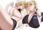  2girls areola_slip areolae bare_shoulders bikini bikini_pull bikini_top_only blonde_hair boryeon_(last_origin) breasts cleavage clothes_pull earrings eyebrows_visible_through_hair green_eyes huge_breasts jewelry kirome_(kamipaper) last_origin long_hair looking_at_viewer lying multicolored_hair multiple_girls nail_polish on_back on_stomach original purple_eyes purple_hair saaya_(kirome) shorts side_ponytail swimsuit white_background 