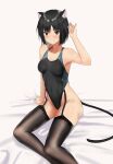  1girl absurdres amagami animal_ears armpits black_eyes black_hair black_legwear black_swimsuit bob_cut cat_day cat_ears cat_tail commentary_request competition_swimsuit feet_out_of_frame garter_straps highleg highleg_swimsuit highres nanasaki_ai one-piece_swimsuit short_hair sitting solo swimsuit tail thighhighs ykh1028 