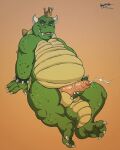  anthro balls belly big_belly bodily_fluids claws digital_drawing_(artwork) digital_media_(artwork) erection feet genital_fluids genitals hi_res kaiipwilde_(artist) king_koopa koopa male mario_bros moobs nintendo nude overweight overweight_anthro overweight_male paws penis scalie simple_background smile solo toe_claws toe_curl toes video_games 
