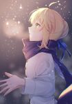  1girl ahoge artoria_pendragon_(fate) blonde_hair blue_coat blue_ribbon blue_scarf braid braided_bun coat fate/stay_night fate_(series) from_side green_eyes hair_ribbon highres looking_up machi_futo official_alternate_costume parted_lips profile ribbon saber scarf shiny shiny_hair short_hair solo upper_body winter_clothes winter_coat 