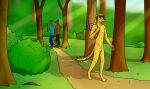  absurd_res anthro backpack canid canine canis casual_nudity confusedraven domestic_dog exhibitionism forest group hi_res male mammal nude plant tree walking 