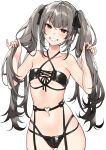  1girl absurdres bare_shoulders blush breasts copyright_request crotch_zipper garter_belt garter_straps hair_ribbon highres holding holding_hair komeo15 long_hair looking_at_viewer navel ribbon silver_hair smile solo twintails white_background zipper 