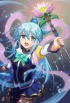  1girl absurdres aqua_(konosuba) arm_up armpits blue_hair blue_jacket blue_skirt bow bowtie cowboy_shot detached_sleeves floating_hair green_bow green_bowtie highres holding holding_staff jacket kono_subarashii_sekai_ni_shukufuku_wo! layered_skirt long_hair long_sleeves miniskirt open_mouth see-through shiny shiny_hair skirt sleeveless sleeveless_jacket solo staff standing stock-world very_long_hair white_sleeves 