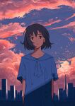  1girl absurdres bangs black_hair blue_eyes building city closed_mouth cloud commentary_request dress evening highres oka_kojiro10 original scenery shadow short_hair sky skyscraper smile solo upper_body 