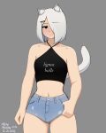  2022 accessory animal_humanoid bare_shoulders bottomwear cat_humanoid clothing colored crop_top dbagdraws felid felid_humanoid feline feline_humanoid grey_background gynomorph hair hair_accessory hair_over_eye hairclip half-closed_eyes hand_in_pocket hi_res hotpants humanoid inner_ear_fluff intersex light_body light_skin ligma looking_at_viewer mammal mammal_humanoid midriff molly_(dbagdraws) narrowed_eyes novelty_clothing one_eye_obstructed pockets portrait shirt shorts simple_background solo standing three-quarter_portrait topwear tuft white_hair 