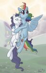  2012 alipes blue_body cutie_mark detailed_background duo embrace equid equine eyes_closed feathered_wings feathers female feral field flying friendship_is_magic grass hi_res hill horn inspired_by_formal_art lepidopteran_wings mammal my_little_pony outside pegasus plant rainbow_dash_(mlp) rarity_(mlp) signature smile white_body winged_unicorn wings 
