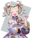  1girl alternate_costume basket blonde_hair blush closed_eyes collar do_m_kaeru dress fire_emblem fire_emblem_awakening fire_emblem_heroes flower frilled_collar frilled_sleeves frills hair_flower hair_ornament lissa_(fire_emblem) official_alternate_costume open_mouth simple_background twintails 