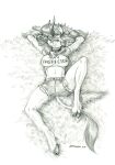  2022 anthro asian_mythology autumn_blaze_(mlp) baron_engel bottomwear breasts chinese_mythology clothing cloven_hooves collar cutoffs daisy_dukes denim denim_clothing east_asian_mythology eyebrows eyelashes facial_scales female friendship_is_magic graphite_(artwork) greyscale hair hands_behind_head hi_res hooves horn hotpants kirin looking_at_viewer lying mammal midriff monochrome my_little_pony mythology navel on_back pencil_(artwork) scales shirt shorts solo spread_legs spreading t-shirt text text_on_clothing topwear traditional_media_(artwork) 