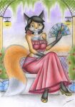  absurd_res anthro canid canine clothing dress female flower flower_in_mouth footwear fox hand_fan henriette_melleyse hi_res mammal mouth_hold plant red_fox rose_(flower) rose_in_mouth shoes sinaherib solo traditional_media_(artwork) 