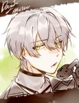  1boy arene_(arknights) arknights bishounen choker coat cookie czicc-cz1532 english_text eyebrows_visible_through_hair food gloves green_eyes grey_hair halo highres male_focus open_mouth short_hair simple_background solo upper_body 