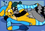  2021 4_toes 5_fingers anthro anthro_on_anthro anthro_penetrated anthro_penetrating anthro_penetrating_anthro balls black_body black_fur black_nose black_stripes blonde_hair blue_border blue_clothing blue_footwear blue_gloves blue_handwear blue_hoodie blue_socks blue_topwear bodily_fluids border bottomless breast_grab breasts canid canine canis clothed clothing domestic_dog dumpling_(tricktrashing) duo erection facial_markings feet felino female female_penetrated fingers fluffy fluffy_tail footwear fur genitals glans gloves gloves_(marking) gradient_background green_clothing green_hat green_headwear grey_balls grey_body grey_fur grey_hair grey_penis hair hand_on_breast handwear hat hat_only head_markings headgear headgear_only headwear headwear_only hoodie interspecies japanese_text legwear looking_at_another looking_up lying male male/female male_penetrating male_penetrating_female mammal markings mask_(marking) medium_breasts mostly_nude motion_lines nipples on_back open_mouth pattern_clothing pattern_footwear pattern_legwear pattern_socks pawpads penetration penis pink_glans pink_nipples pink_pawpads pink_pussy procyonid pussy raccoon raised_leg sex shaking sharp_teeth shirtless simple_background smile socks striped_body striped_clothing striped_footwear striped_fur striped_socks stripes sweat t_square_position tan_body tan_fur teeth teeth_gap text text_on_clothing text_on_hat text_on_headwear thrusting toeless_footwear toeless_socks toes topwear trembling trick_(tricktrashing) vaginal vaginal_penetration yellow_body yellow_fur 