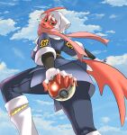  absol absurd_res akari_(pokemon) anthro clothed clothing cosplay female hi_res low-angle_view nintendo pok&eacute;ball pok&eacute;mon pok&eacute;mon_(species) pokemon_legends_arceus rose_duskclaw scarf shiny_pok&eacute;mon silver_ninja solo video_games 