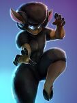  5_fingers afro anthro bovid brown_body caprine eyewear eyewear_only featureless_crotch fingers general-irrelevant glasses glasses_only hi_res hooves horn male mammal nude on_one_leg sheep simple_background solo standing 