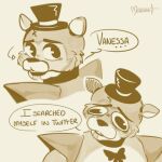  1:1 anthro arrow cheek_tuft clothing dialogue english_text facial_tuft five_nights_at_freddy&#039;s five_nights_at_freddy&#039;s:_security_breach glamrock_freddy_(fnaf) hat headgear headwear looking_back machine male mammal mercurio_unu monochrome robot scottgames sepia signature simple_background solo speech_bubble text top_hat tuft ursid video_games yellow_background 