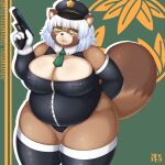  :&lt; abstract_background anthro armwear belly big_breasts biped black_armwear black_clothing black_legwear black_nose black_shirt black_topwear blush breasts brown_body brown_ears brown_fur brown_inner_ear candy canid canine cleavage clothed clothing colored countershade_fur countershade_legs countershade_torso countershading curvy_figure dessert digital_drawing_(artwork) digital_media_(artwork) dipstick_tail elbow_gloves eyewear facial_markings female fingers fluffy fluffy_tail food front_view fully_clothed fur glasses glistening glistening_body glistening_breasts glistening_fur gloves green_eyes gun hair hand_behind_back handgun handwear hat head_markings headgear headwear hi_res holding_gun holding_handgun holding_object holding_pistol holding_weapon huge_breasts humanoid_hands inner_ear_fluff kemono legwear lollipop looking_at_viewer mammal markings monotone_ears monotone_hair multicolored_body multicolored_fur multicolored_tail muzzle_(marking) necktie object_in_mouth overweight overweight_anthro overweight_female pince-nez pistol police_hat police_officer police_uniform portrait raccoon_dog ranged_weapon shaded shibaemonxsk shirt short_hair snout snout_markings solo standing tail_markings tan_body tan_countershading tan_fur tan_inner_ear_fluff tanuki thick_thighs thigh_highs three-quarter_portrait tight_clothing topwear trigger_discipline tuft two_tone_tail uniform voluptuous weapon white_clothing white_gloves white_handwear wide_hips 
