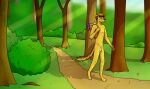  absurd_res anthro backpack canid canine canis casual_nudity confusedraven domestic_dog forest hi_res male mammal nude plant solo tree walking 