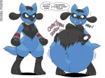  2021 ambiguous_gender anthro belly big_belly blue_body digital_media_(artwork) english_text fan_character female fidchellvore hands_on_belly hildegard_(fidchellvore) navel nintendo onomatopoeia oral_vore pok&eacute;mon pok&eacute;mon_(species) riolu rumbling_stomach simple_background solo sound_effects text video_games vore 