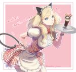  1girl alternate_costume animal_ears apron aqua_eyes bangs blonde_hair breasts cat cat_day cat_ears cat_paw cat_tail closed_mouth cowboy_shot dated dress ear_piercing fake_animal_ears food framed_breasts frilled_dress frills hand_on_hip ice_cream leaning_forward lipstick long_hair looking_at_viewer makeup medium_breasts narrow_waist persona persona_5 piercing pink_background puffy_short_sleeves puffy_sleeves short_dress short_sleeves simple_background smile solo spoon striped striped_dress sundae swept_bangs tail takamaki_anne thighhighs tray twintails twitter_username waist_apron white_legwear wrist_cuffs yoruno_mahiru zettai_ryouiki 