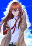  1girl bangs belt blue_eyes blue_sky brown_hair closed_mouth cloud collared_shirt day dress_shirt eyebrows_visible_through_hair floating_hair hair_between_eyes hand_in_hair highres kaijin-m long_hair long_sleeves looking_at_viewer makise_kurisu necktie outdoors red_necktie shiny shiny_hair shirt sky smile solo standing steins;gate straight_hair white_belt white_shirt wing_collar 