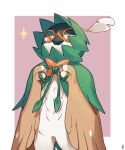  beak border closed_mouth commentary_request cowboy_shot decidueye mongguri no_humans orange_pupils outside_border pink_background pokemon pokemon_(creature) solo sparkle white_border yellow_eyes 