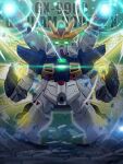  after_war_gundam_x character_name chibi clenched_hands glowing glowing_eyes green_eyes gundam gundam_double_x highres mecha mechanical_wings mobile_suit no_humans planeta_tsuji science_fiction shoulder_cannon solo standing wings 