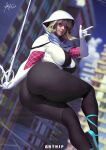  1girl artnip ass black_legwear blonde_hair blue_footwear blue_sky blurry blurry_background breasts building gwen_stacy hood hood_down impossible_clothes lips looking_at_viewer marvel silk skin_tight sky solo spider-gwen spider-man_(series) spider_web 