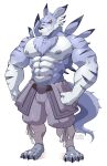  abs absurd_res anthro bandai_namco black_sclera bottomwear claws clothing digimon digimon_(species) fur hi_res maldu male muscular muscular_anthro muscular_male navel neck_tuft nipples pants pecs scar shirtless simple_background striped_body striped_fur stripes tuft weregarurumon white_background 