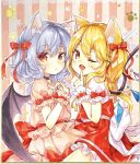  2girls animal_ear_fluff animal_ears back_bow bangs bat_wings bell black_choker blonde_hair blue_hair bow cat_day cat_ears choker commentary_request crystal fang flandre_scarlet hair_bow hands_up highres kemonomimi_mode long_hair looking_at_viewer mimi_(mimi_puru) multiple_girls neck_bell no_hat no_headwear one_eye_closed one_side_up open_mouth pink_background pink_shirt pink_skirt pointy_ears red_bow red_eyes red_skirt red_vest remilia_scarlet shikishi shirt short_sleeves siblings sisters skin_fang skirt smile striped striped_background touhou traditional_media upper_body vest white_bow white_shirt wings wrist_cuffs 