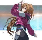  1girl ass bangs brown_hair fingerless_gloves floating_hair gloves green_eyes head_tilt hood hooded_jacket ishida_baru jacket long_hair looking_at_viewer matsunaga_iori pilot_suit pink_jacket ponytail riot_music solo sparkle very_long_hair virtual_youtuber white_gloves 