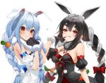  2girls :p alternate_color alternate_hair_color animal_ear_fluff animal_ears bangs bare_shoulders black_dress black_gloves black_hair blue_hair blush bow braid bunny-shaped_pupils carrot_hair_ornament closed_mouth commentary detached_sleeves don-chan_(usada_pekora) dress dual_persona finger_to_mouth fingerless_gloves food-themed_hair_ornament fur_scarf gloves gotou_(nekocat) hair_between_eyes hair_bow hair_ornament heart highres hololive long_hair looking_at_viewer multicolored_hair multiple_girls own_hands_together puffy_short_sleeves puffy_sleeves rabbit_ears red_bow red_eyes short_sleeves simple_background symbol-only_commentary symbol-shaped_pupils thick_eyebrows tongue tongue_out twin_braids twintails two-tone_hair upper_body usada_pekora very_long_hair virtual_youtuber white_background white_bow white_dress white_hair 