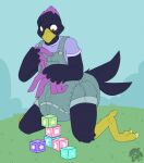  anthro avian bird block clothing concentrated concentrating corvid cuddlehooves diaper diaper_under_clothing gambit_(the_corvid) hi_res male oscine overalls passerine solo 