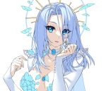  bangs blue_choker blue_eyes blue_hair blue_nails breasts choker cleavage collarbone english_commentary hair_between_eyes indie_virtual_youtuber kira_yukishiro looking_at_viewer medium_breasts monarch_(amalee) portrait sleeves_past_wrists unfinished virtual_youtuber white_background 
