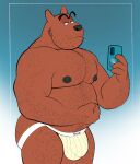  2022 anthro belly black_nose brown_body bulge burrnie cellphone clothing hairy hi_res humanoid_hands jockstrap male mammal moobs nipples overweight overweight_male phone smartphone solo underwear ursid 