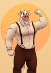  anthro asterion_(minotaur_hotel) barazoku bottomwear bovid bovine bulge clothed clothing european_mythology facial_piercing flexing fully_clothed greek_mythology hi_res horn looking_at_viewer male mammal minotaur muscular muscular_male mythology nose_piercing nose_ring olivepup_00 pants piercing shirt smile solo suspenders topwear 