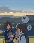  2girls absurdres ahoge backpack bag blue_sky blue_sweater brown_hair building cloud collared_shirt commentary_request drink eyebrows_visible_through_hair highres holding holding_drink long_sleeves medium_hair muji_(uimss) multiple_girls no_pupils no_sclera open_mouth original outdoors profile shirt short_hair sky speech_bubble sunset sweater translation_request tree upper_body 