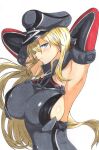  1girl absurdres ajikeneko anchor armor armpits arms_behind_head bangs bare_shoulders bismarck_(kancolle) blonde_hair blue_eyes breastplate breasts closed_mouth covered_nipples detached_sleeves hair_between_eyes hair_over_one_eye hat highres huge_breasts kantai_collection large_breasts long_hair looking_at_viewer military_hat peaked_cap profile sideboob simple_background skin_tight smile smirk traditional_media uniform upper_body white_background 