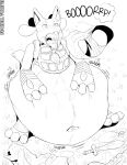  2021 after_vore ambiguous_gender ambiguous_prey anthro armor belly big_belly black_and_white burping_up_clothes clothing digestion digestion_noises digital_media_(artwork) fan_character fidchellvore gabriel_(fidchellvore) hands_on_belly lucario male melee_weapon monochrome navel nintendo onomatopoeia open_mouth oral_vore paws pok&eacute;mon pok&eacute;mon_(species) simple_background solo sound_effects sword text torn_clothing video_games vore weapon 