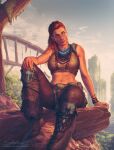  1girl aloy_(horizon) blurry blurry_background bracelet horizon_zero_dawn jewelry krystopher_decker looking_to_the_side navel necklace pelt pelvic_curtain red_hair rock ruins sitting sleeveless solo stomach toned 