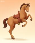  2022 brown_body bullseye_(toy_story) equid equine feral hi_res hooves horse jenery looking_back male mammal on_hind_legs open_mouth saddle side_view smile solo teeth tongue 