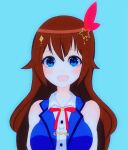  1girl :d aqua_background bangs bare_shoulders blue_eyes blue_vest blush breasts brown_hair buttons collared_shirt commentary_request cropped_vest face hair_between_eyes hair_flaps hair_ornament hololive lapel long_hair looking_at_viewer neck_ribbon open_mouth red_ribbon ribbon shirt simple_background sleeveless sleeveless_shirt smile solo star_(symbol) star_hair_ornament tokino_sora upper_body uruha_rushia_(artist) very_long_hair vest virtual_youtuber 